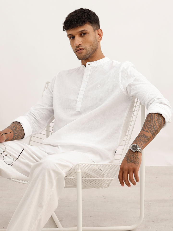 Textured Slim Fit Mandrin Collar Shirt | White