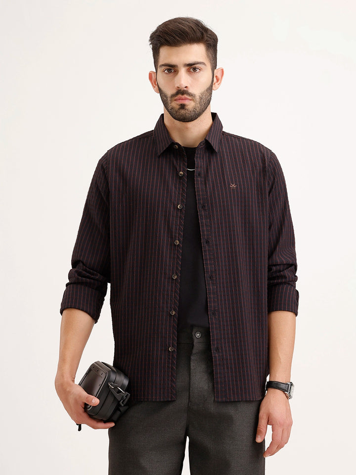 Textured Slim Fit Striped Shirt | Black