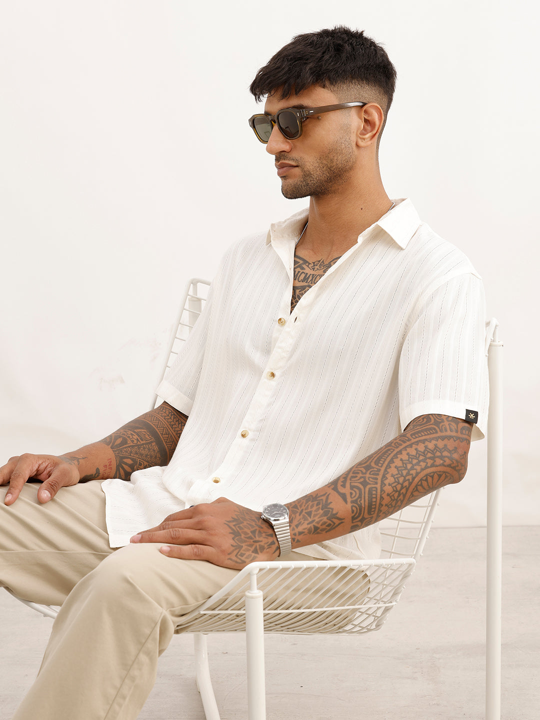Textured Comfort Fit Half Sleeve Shirt | Off White