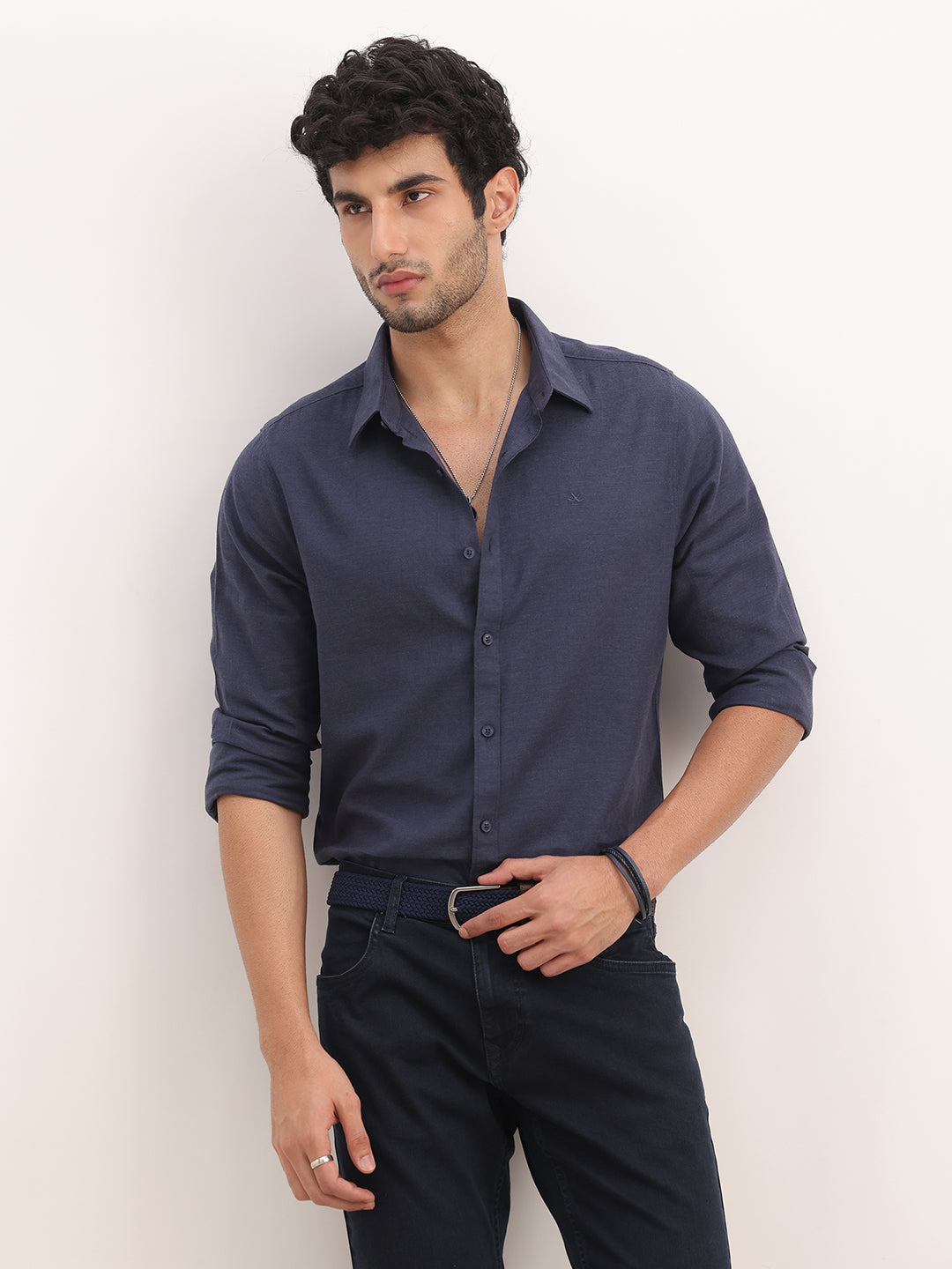 Solid Slim Fit Full Sleeve Shirt | Navy Blue