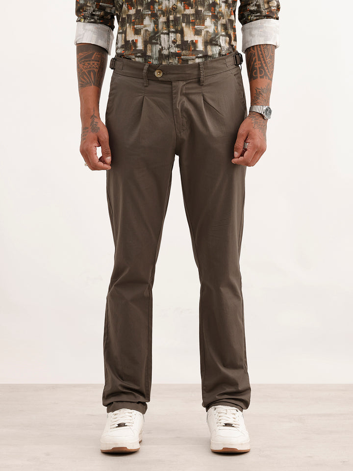 Solid Slim Fit Pleated Trouser | Olive