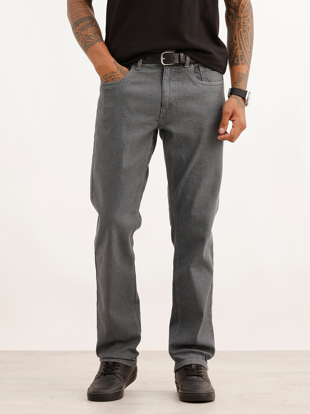 Solid Contrast Stitch Denim Jeans | Light Grey