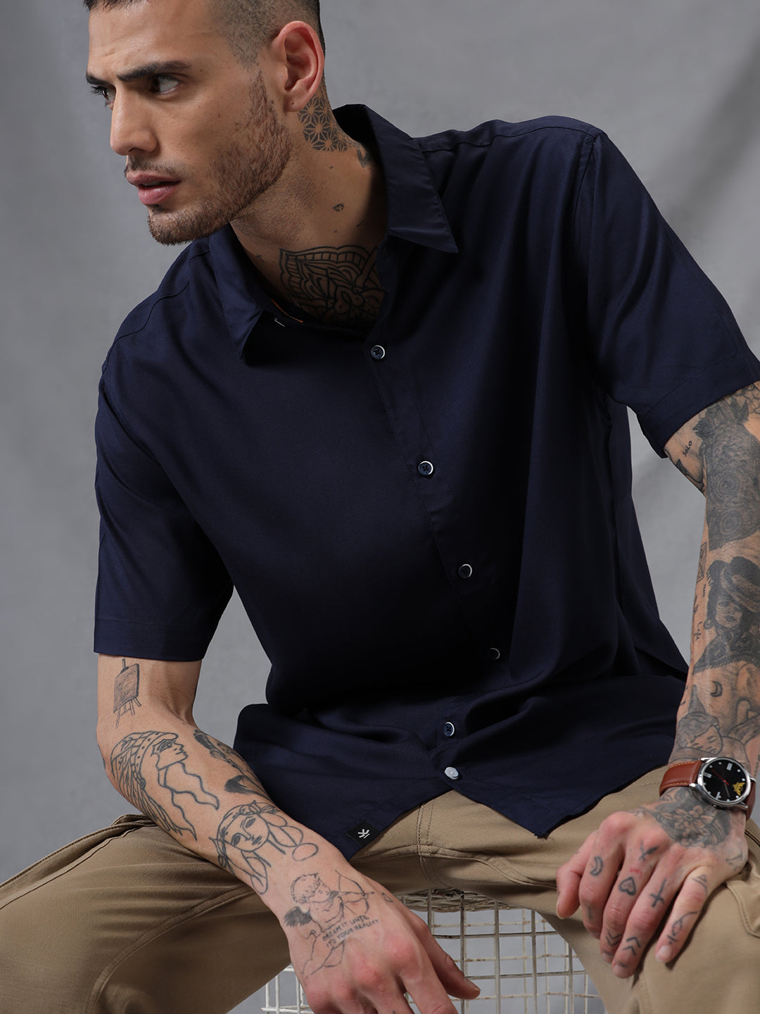 Solid Dark Blue Viscose Shirt