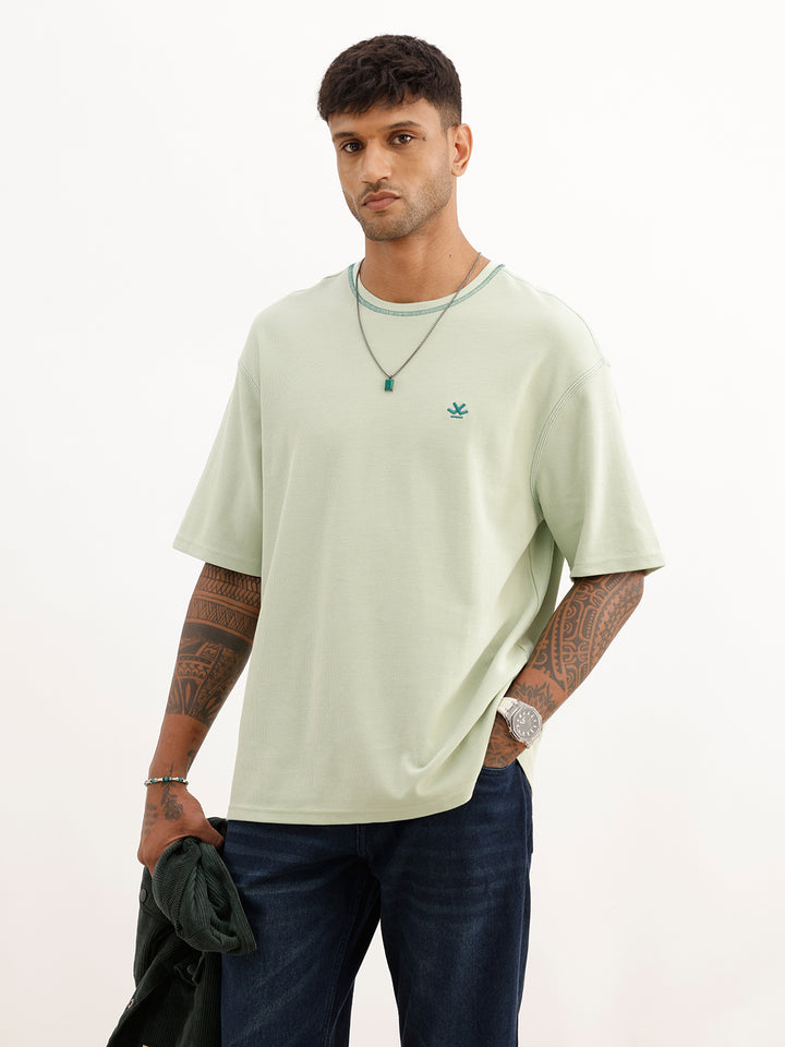 Oversized Contrast Stitch Textured T-Shirt | Light Green