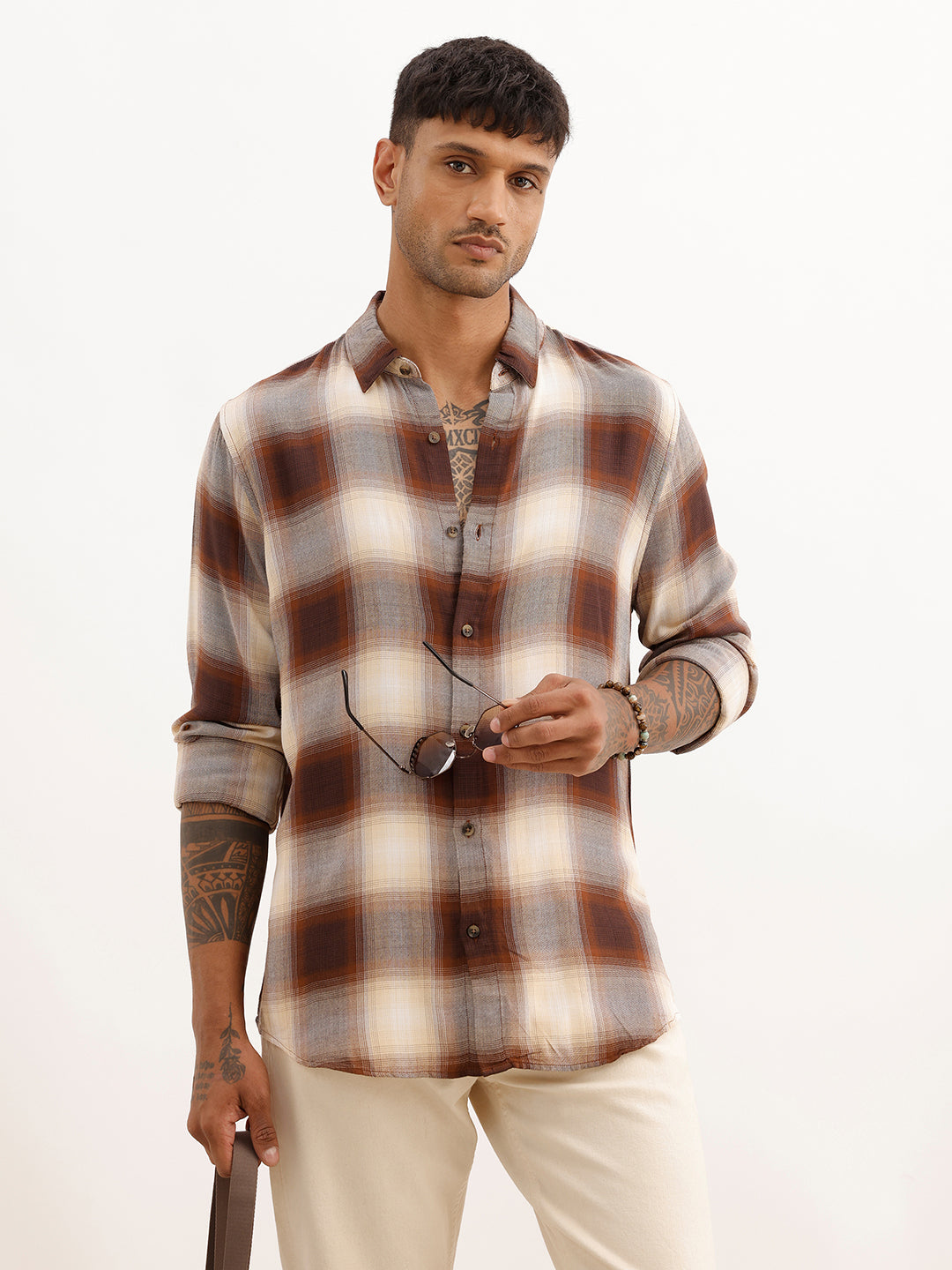 Slim Fit Checkered Shirt | Khaki | WSH02FSSL0036S