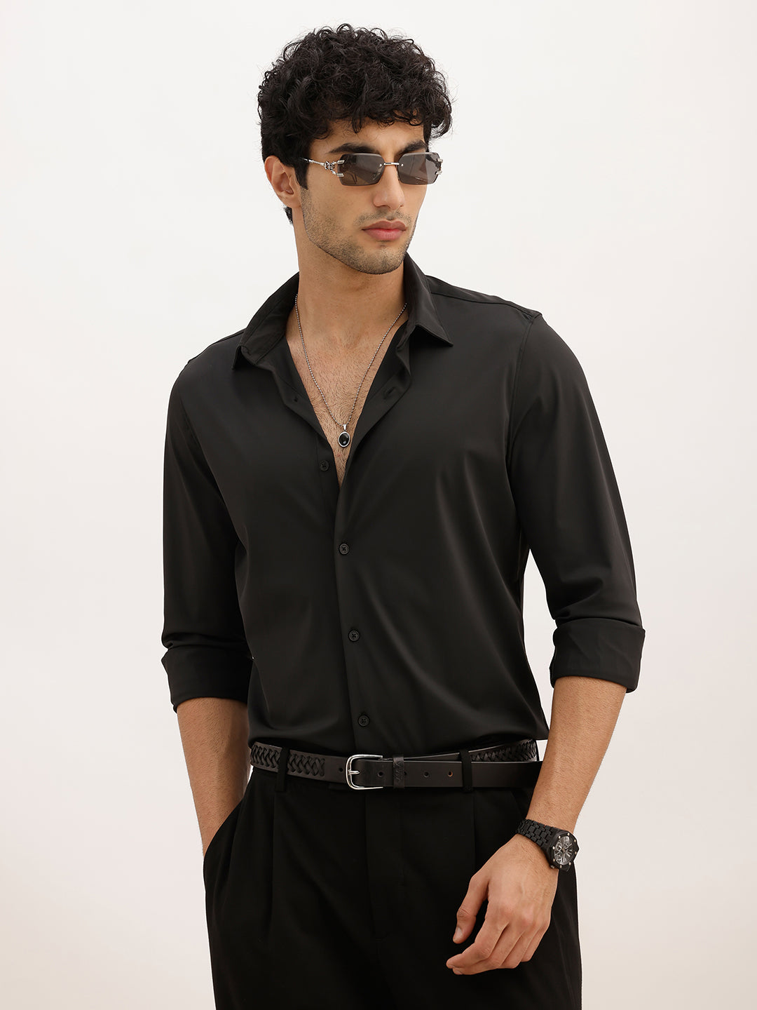 Solid Slim Fit Performance Stretch Shirt | Black
