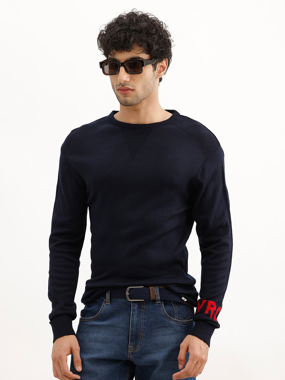 Solid Slim Fit Knitted Sweater | Navy Blue