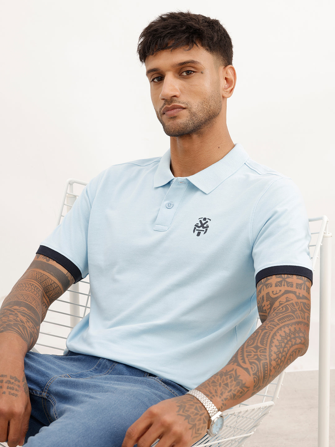 Slim Fit Contrast Sleeve Polo T-Shirt | Light Blue