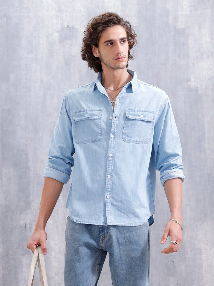 Comfort Fit Double Pocket Solid Shirt | Blue
