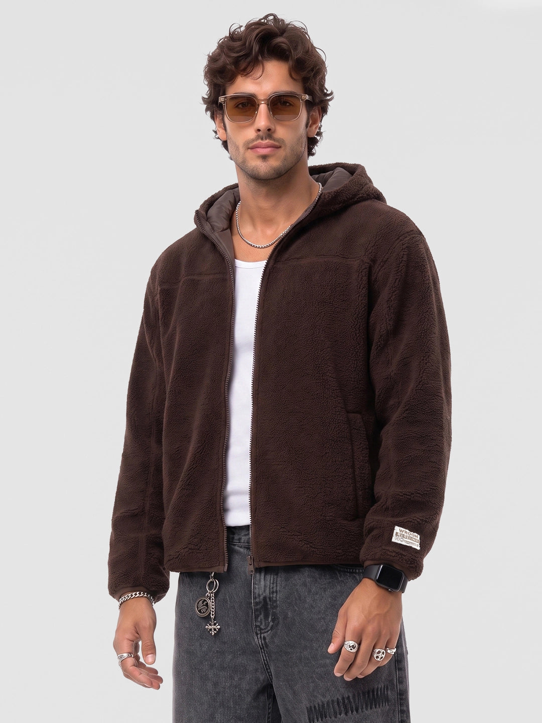Oversized Sherpa Hooded Jacket | Brown | WTJK6462M