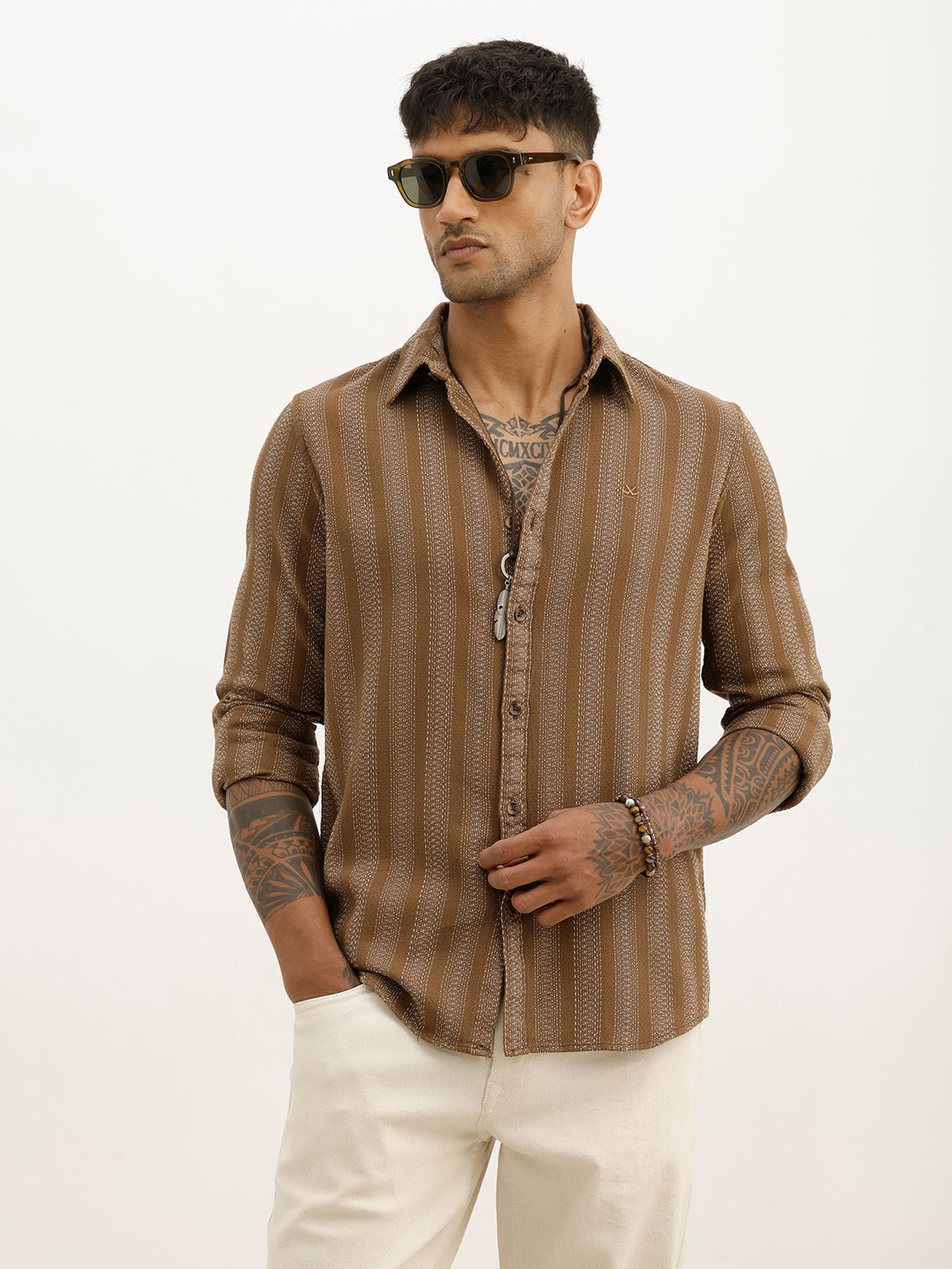 Classic Slim Fit Textured Stripe Shirt | Brown
