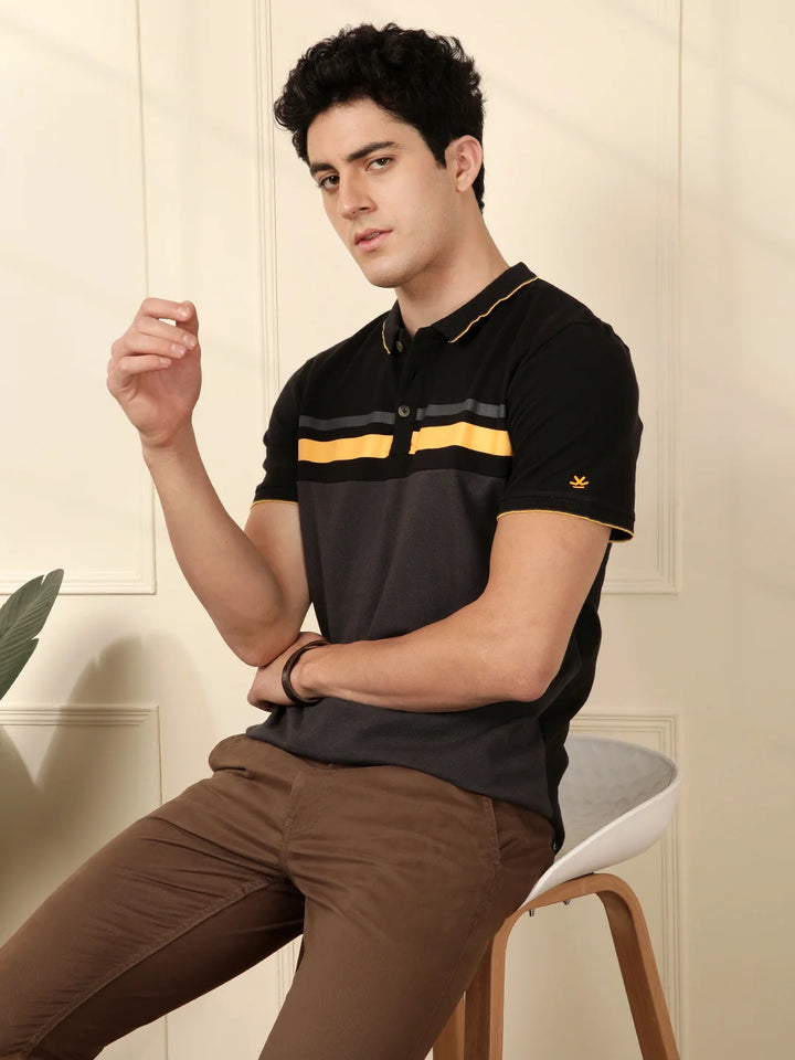 Cut & Sew Printed Stripes Polo T-Shirt