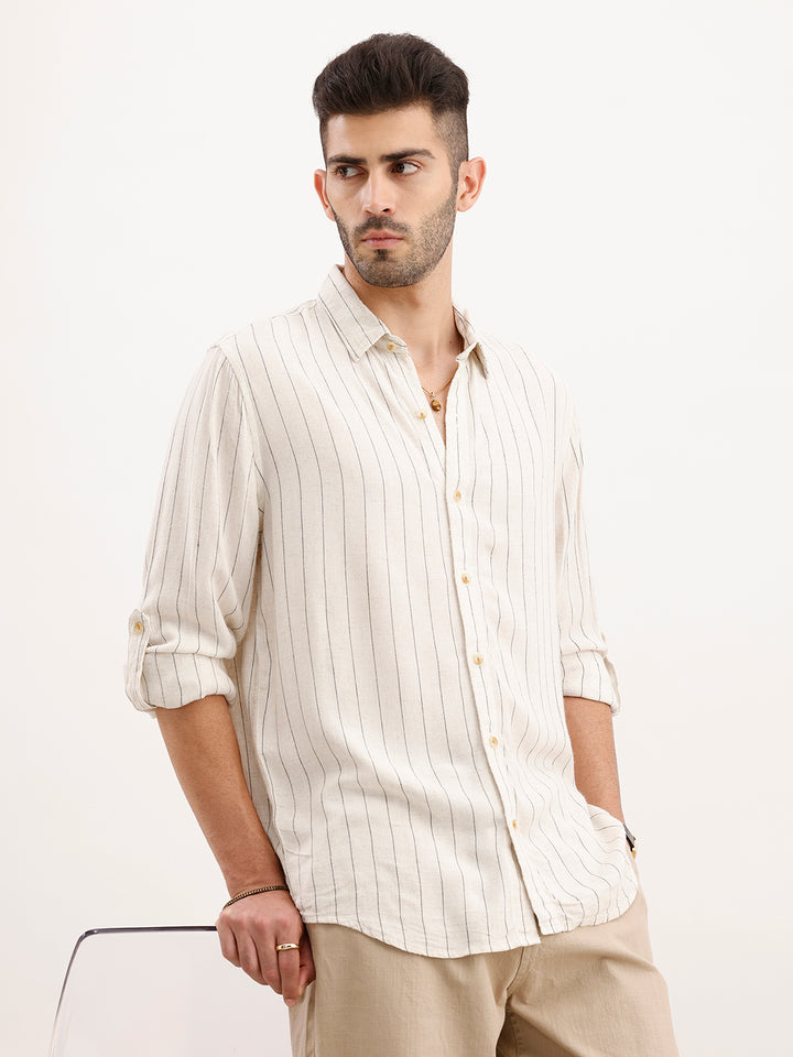 Slim Fit Striped Full Sleeved Shirt | Beige