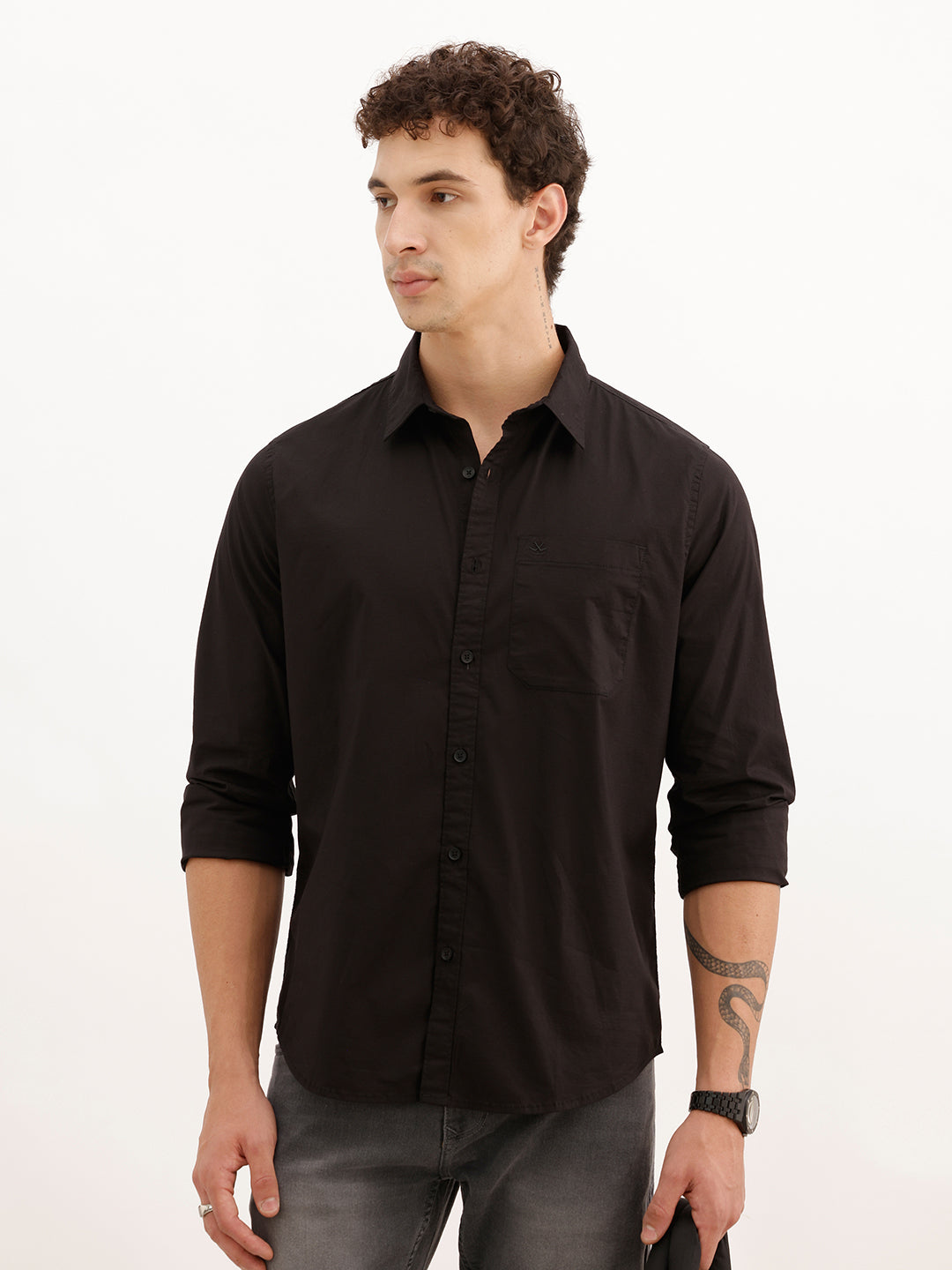 Solid Regular Fit Full Sleeve Shirt | Black