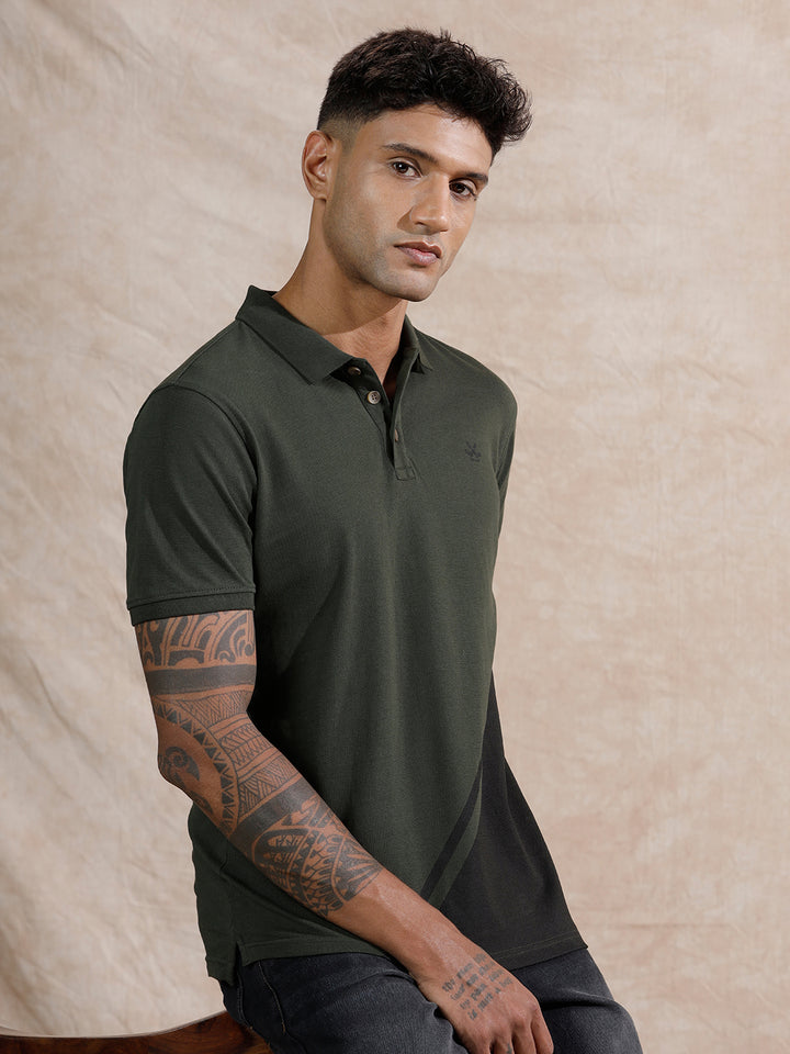 Colour Blocked Polo T-Shirt | Olive