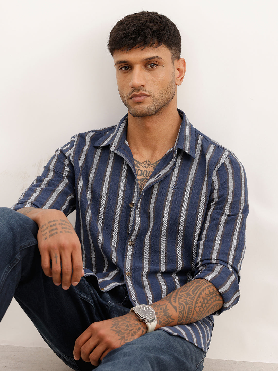 Slim Fit Striped Full Sleeve Shirt | Navy Blue