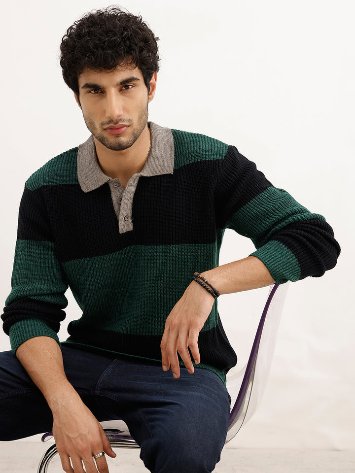 Regular Fit Strip Collared Sweater | Green