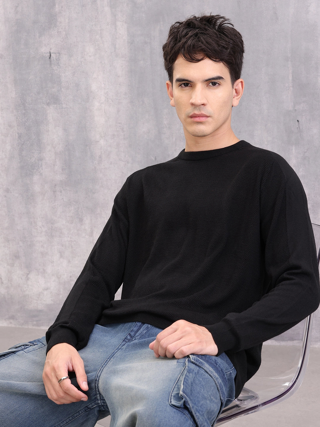 Structured Crew Neck Pullover | Black