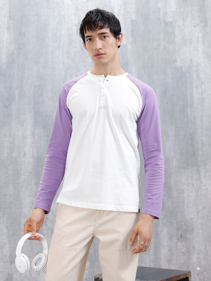 Wrogn Men's Raglan Sleeves Colorblocked Henley T-Shirt | White