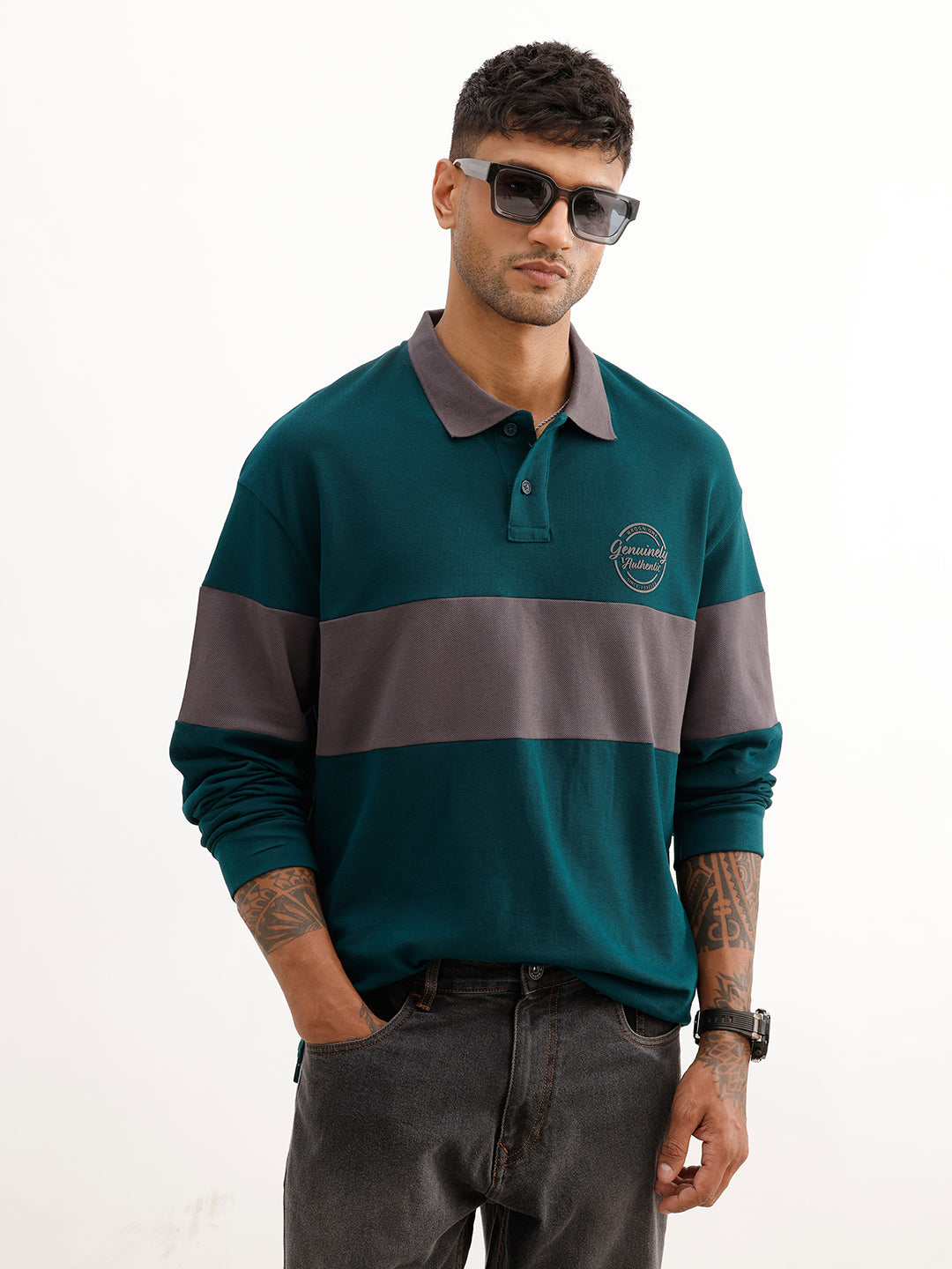 Oversized Cut & Sew Full Sleeve Polo T-Shirt | Green