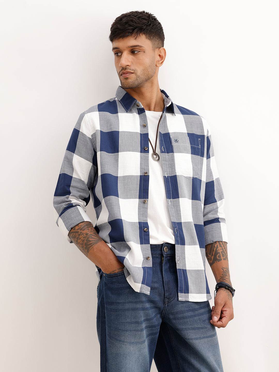 Regular Fit Full Sleeve Checkered Shirt | Dark Blue
