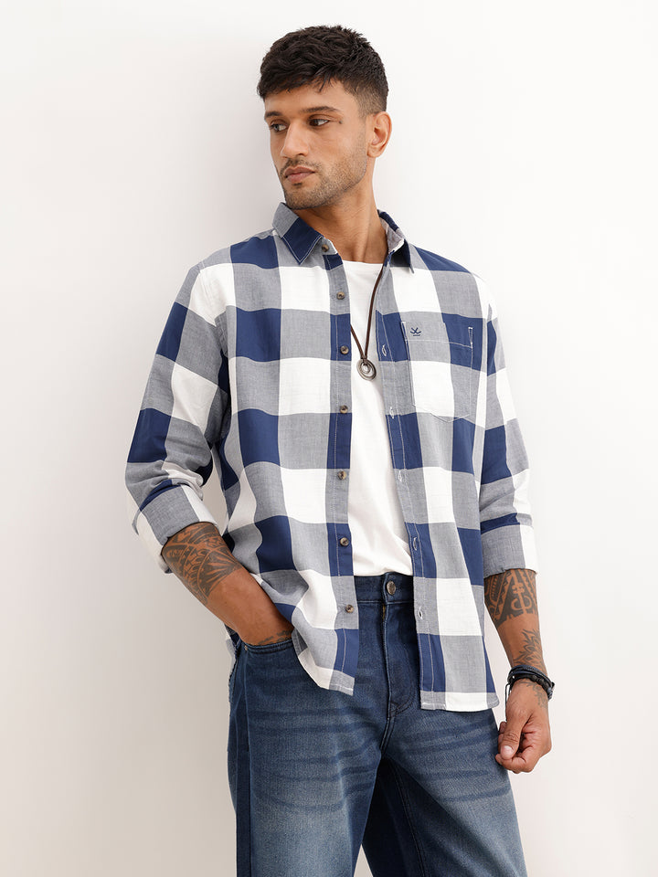 Slim Fit Full Sleeve Checkered Shirt | Dark Blue