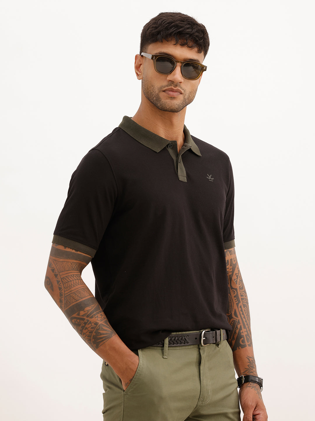 Slim Fit Contrast Sleeve Polo T-Shirt | Black