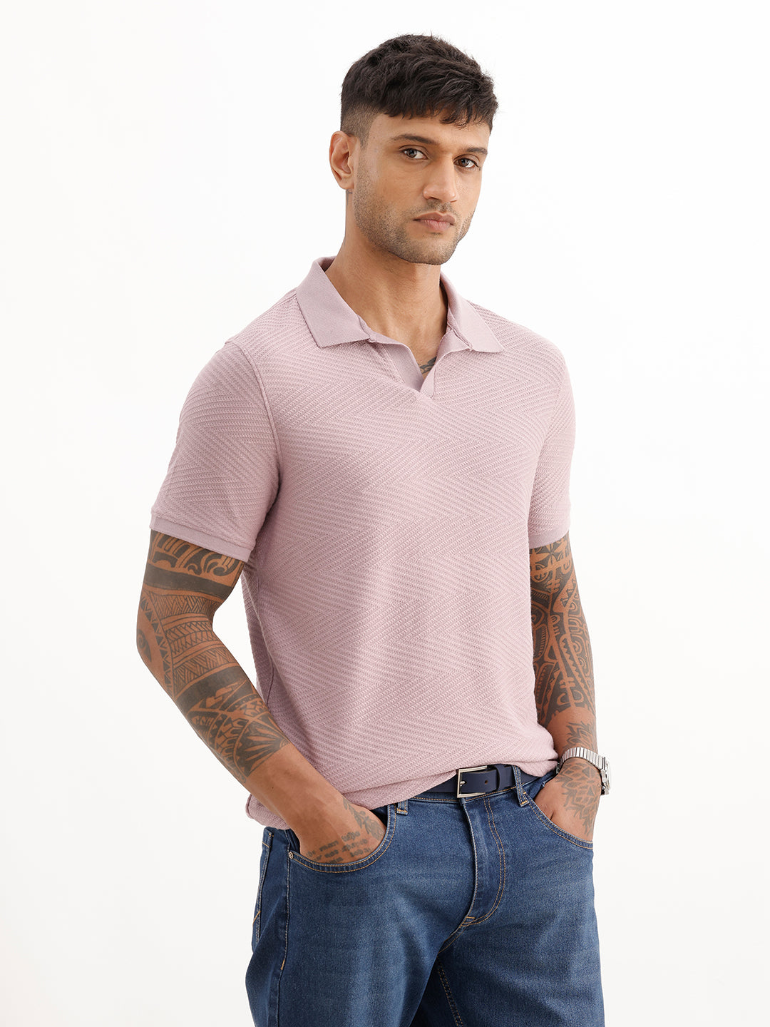 Solid Slim Fit Textured Polo T-Shirt | Pink