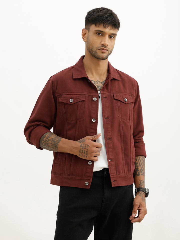 Solid Slim Fit Denim Jacket | Maroon
