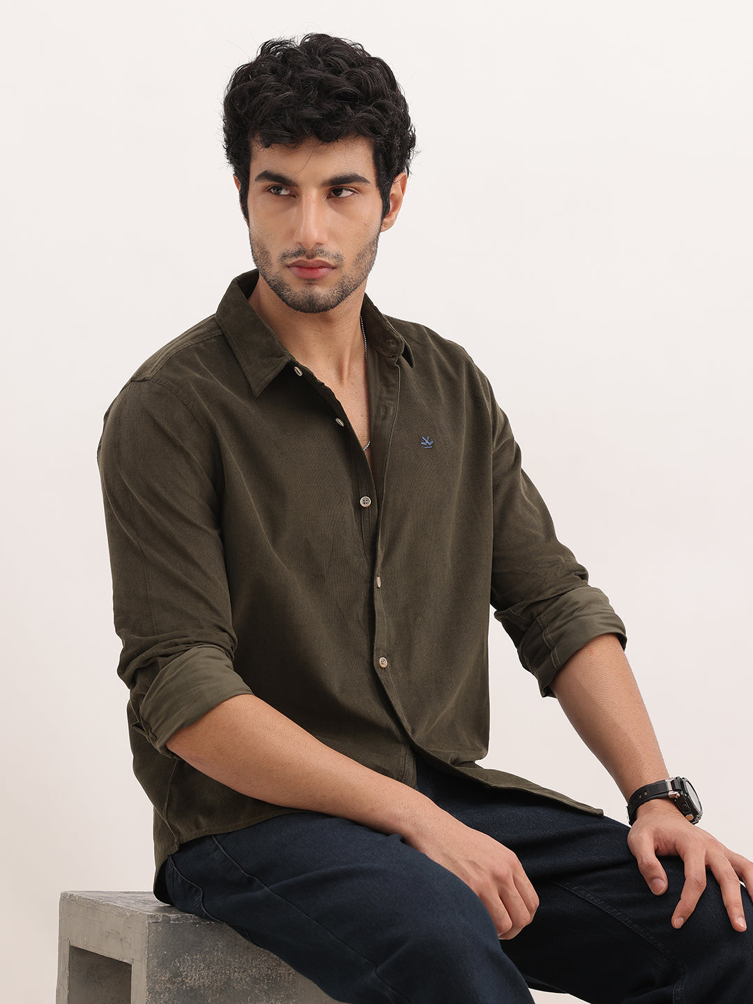 Slim Fit Solid Corduroy Shirt | Olive