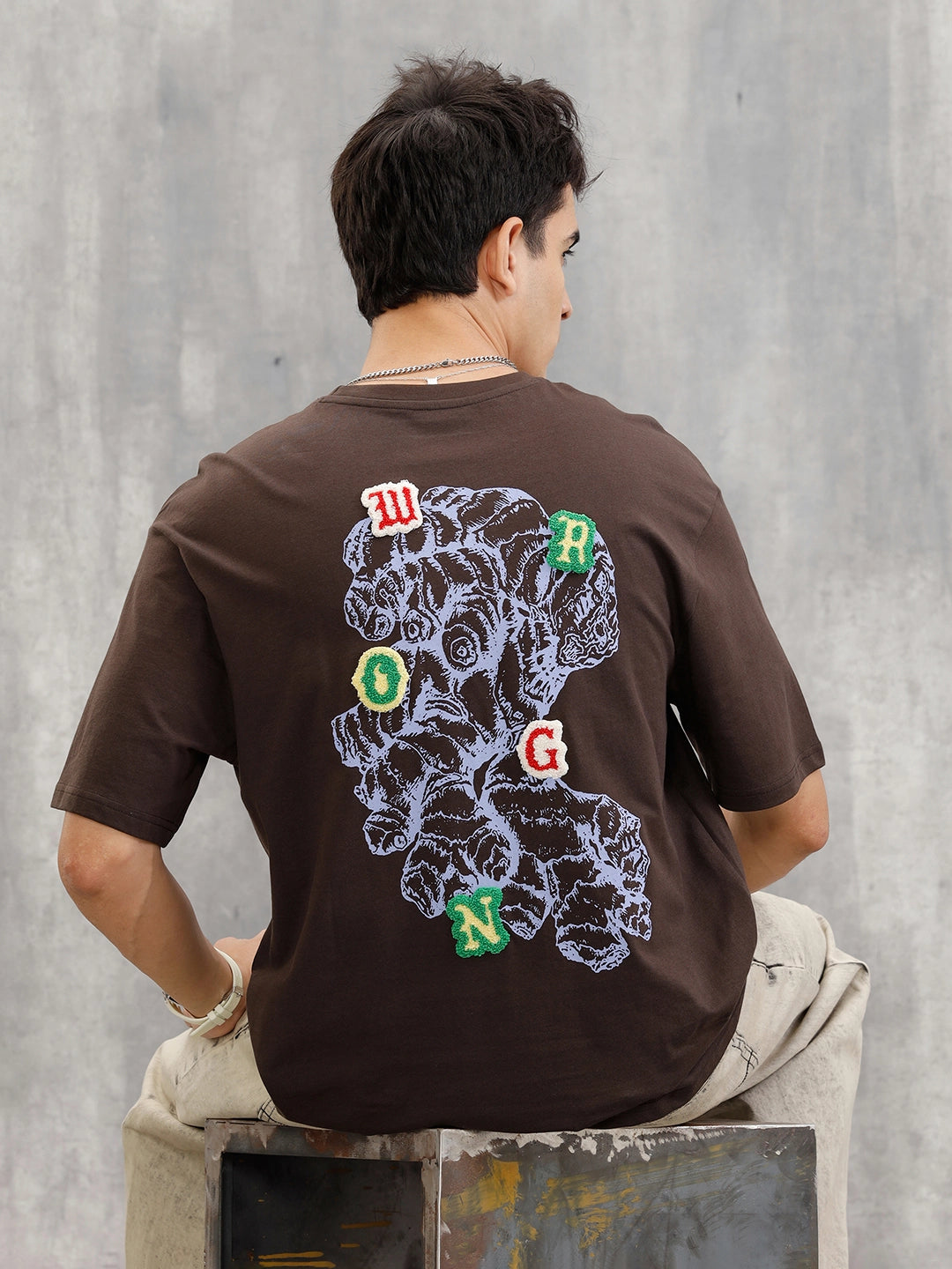 Embroidered & Printed Oversized T-Shirt | Brown