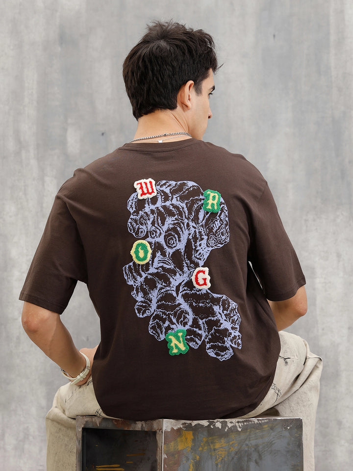 Embroidered & Printed Oversized T-Shirt | Brown