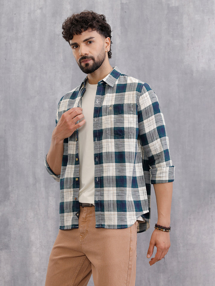 Space Dyed Check Shirt In Slim Fit | Teal