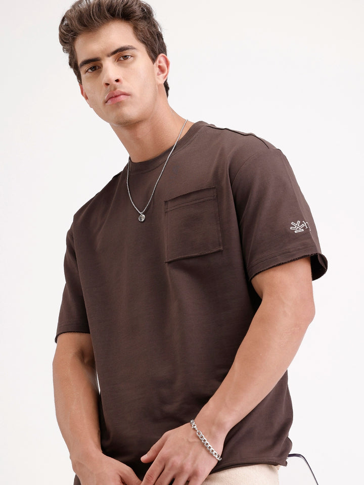 Oversized Solid Patch Pocket T-Shirt | Brown