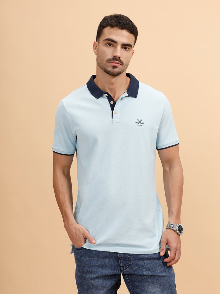 Glitched Logo Printed Polo T-Shirt | Light Blue