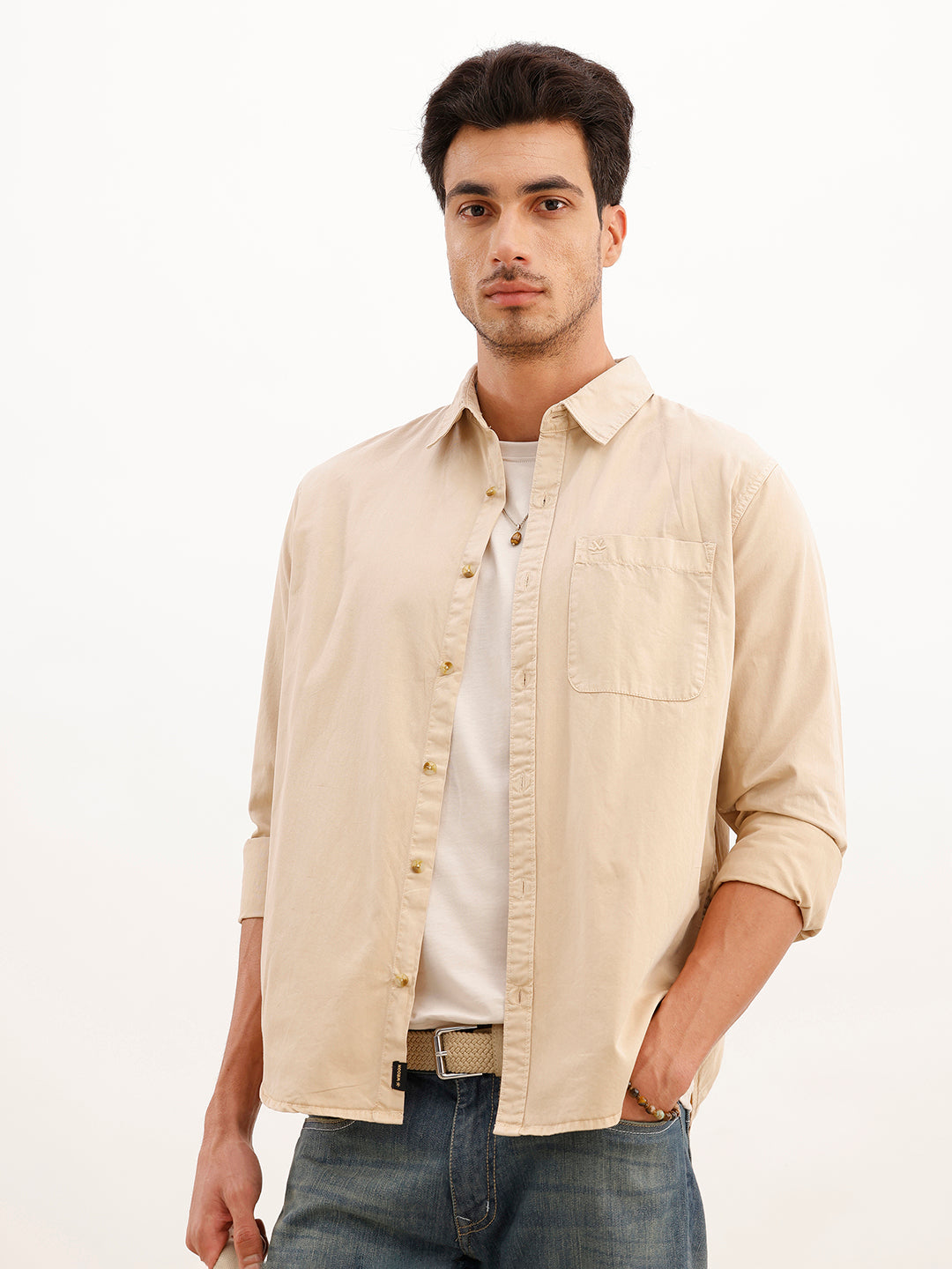 Solid Regular Fit Full Sleeve Overdyed Shirt | Beige