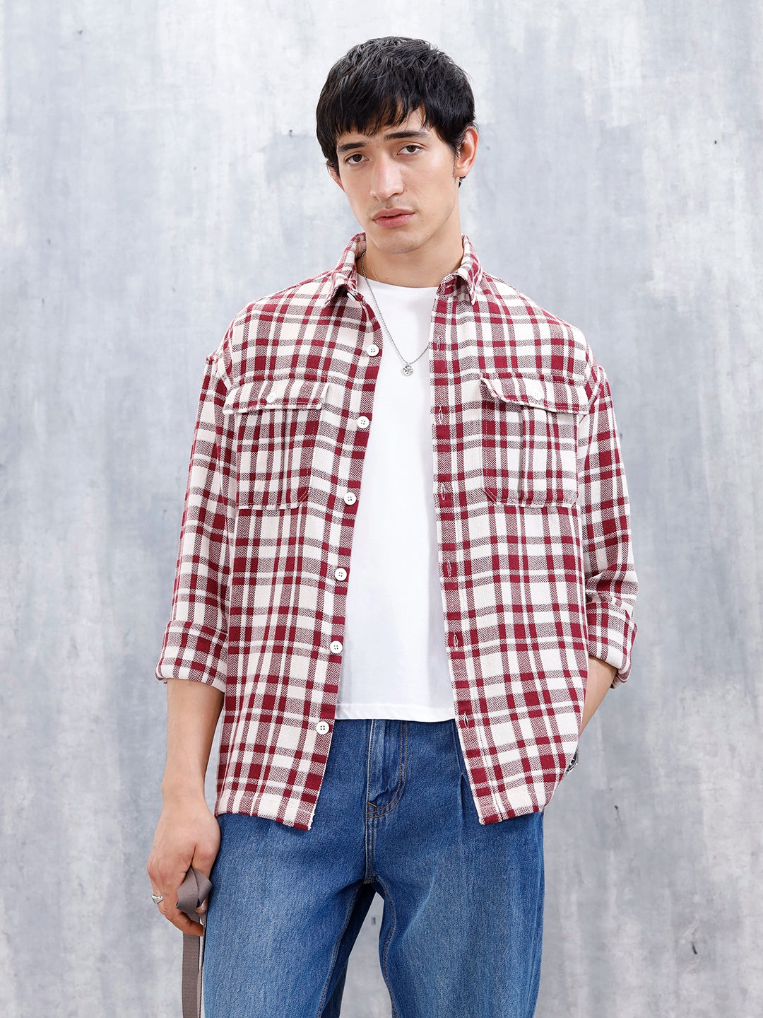 Wrogn Men's Oversized Double Pocket Checks Shirt | Red