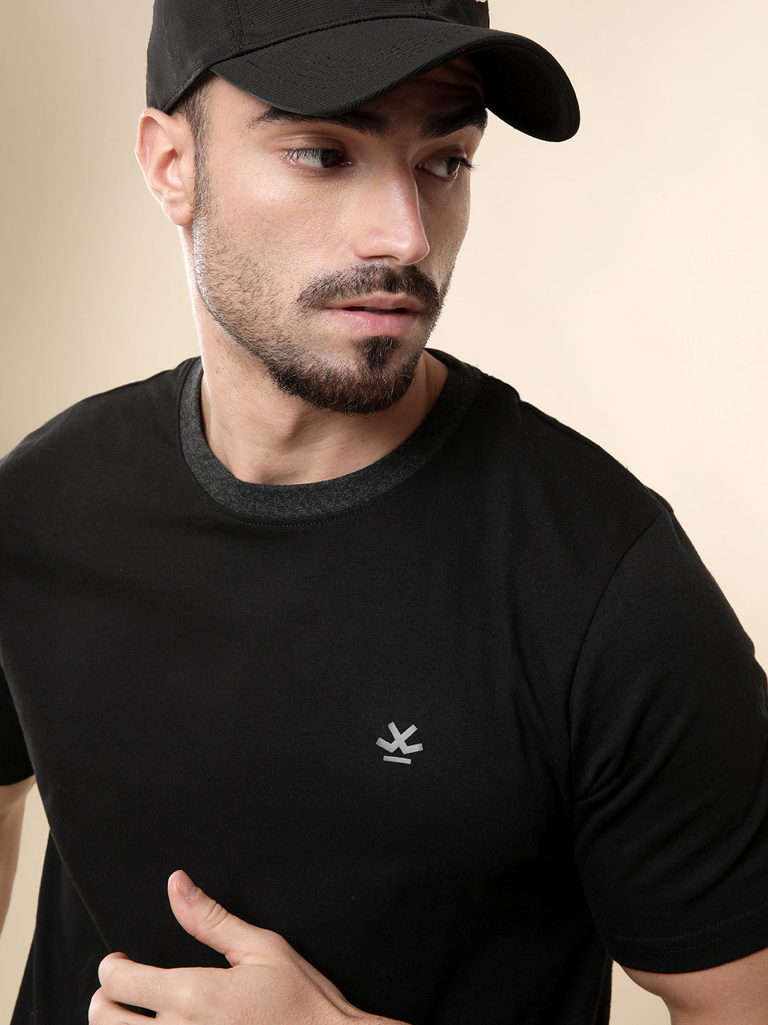 Solid Black Contrast Collar T-Shirt