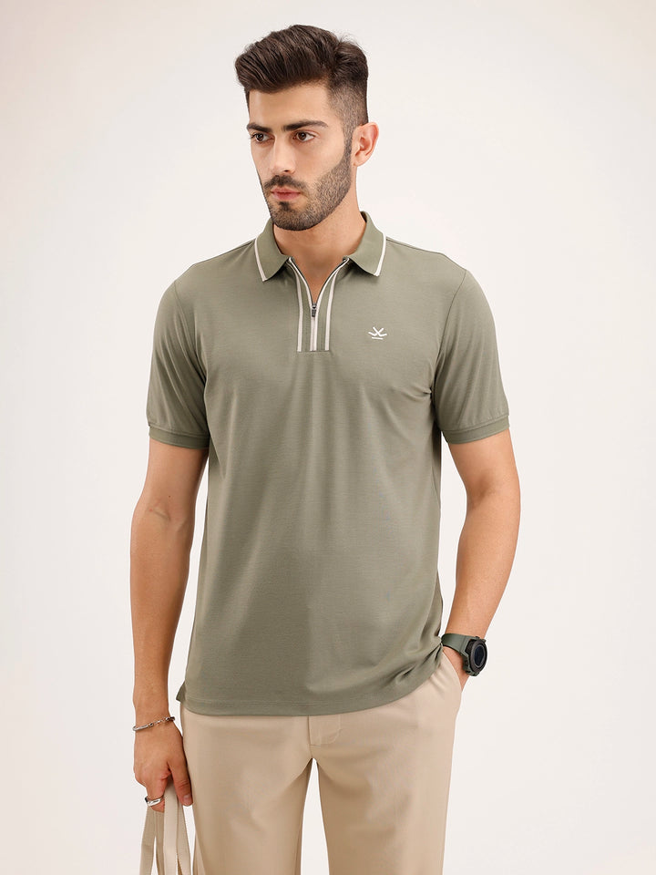 Slim Fit Contrast Collar T-Shirt | Olive