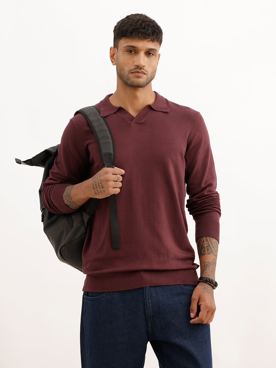 Solid Slim Fit Full Sleeve Polo T-Shirt | Wine | WPT02FSSL1627S