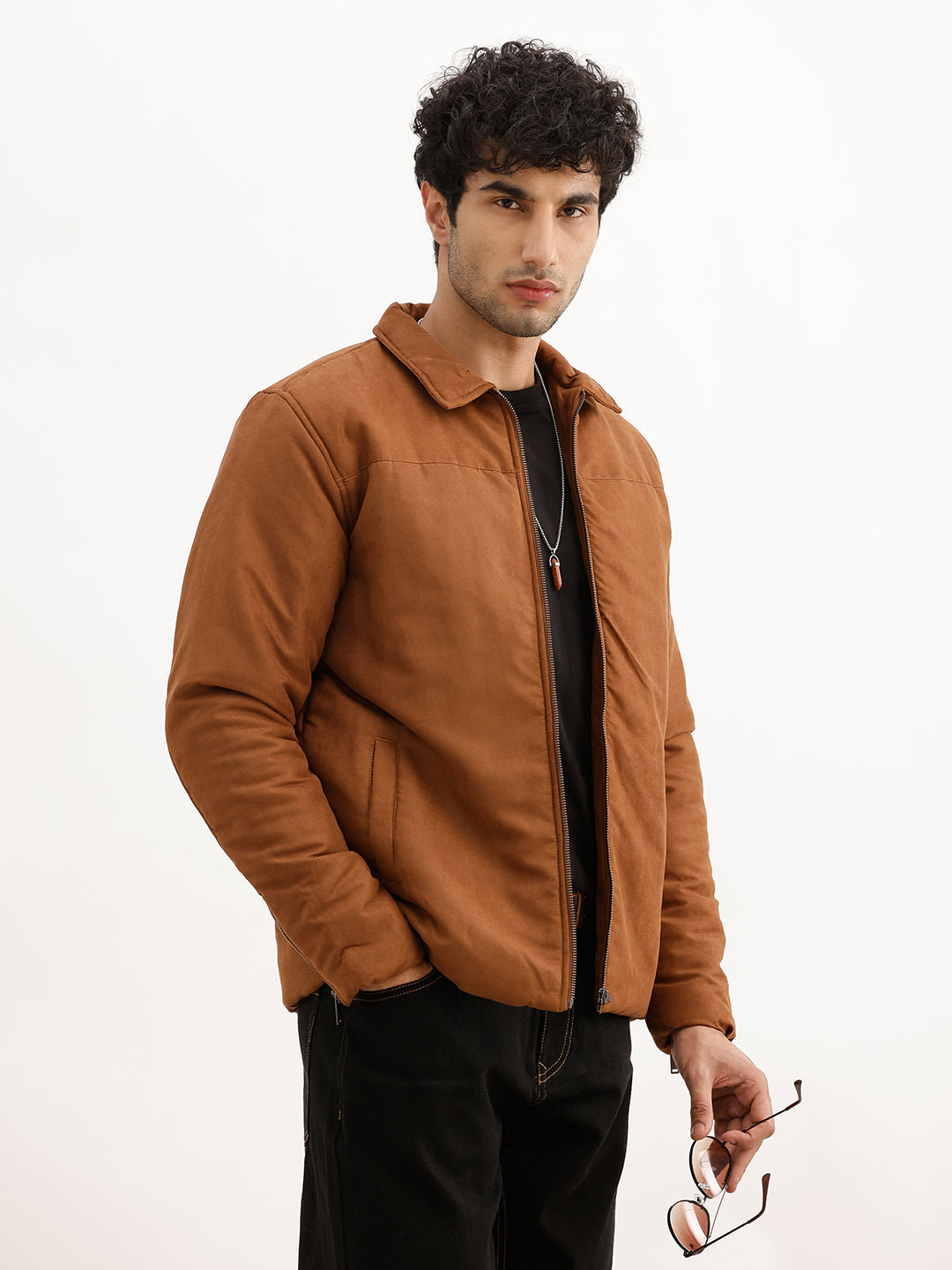 Solid Regular Fit Zipper Jacket | Brown