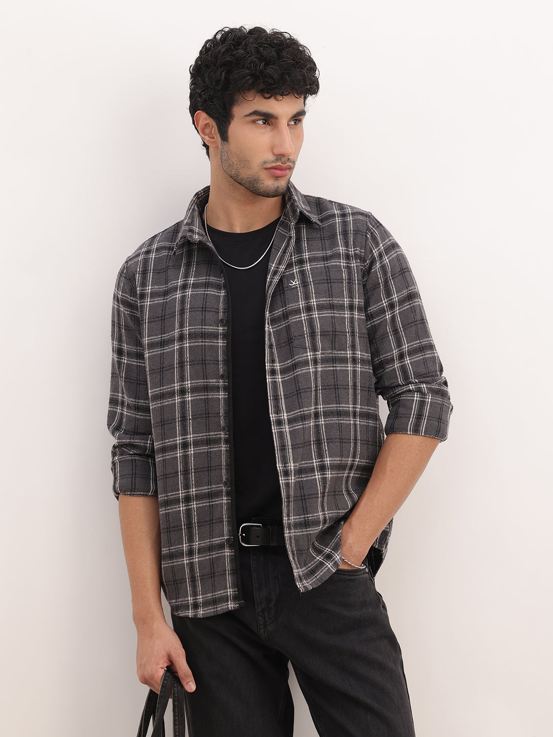 Slim Fit Checkered Full Sleeve Shirt | Dark Grey