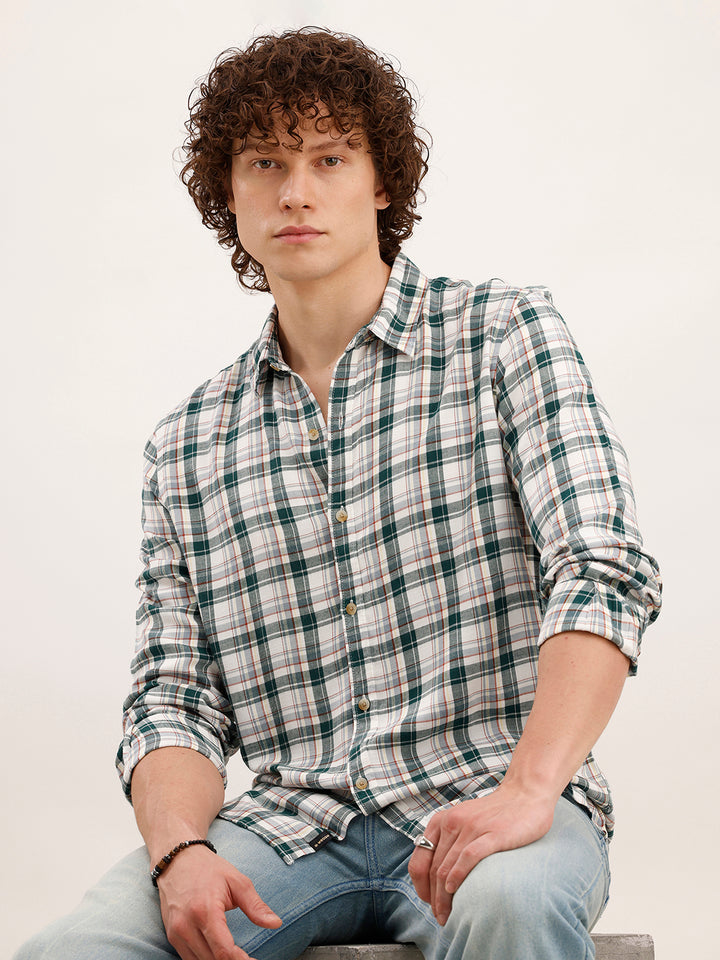 Slim Fit Checkered Shirt  | White