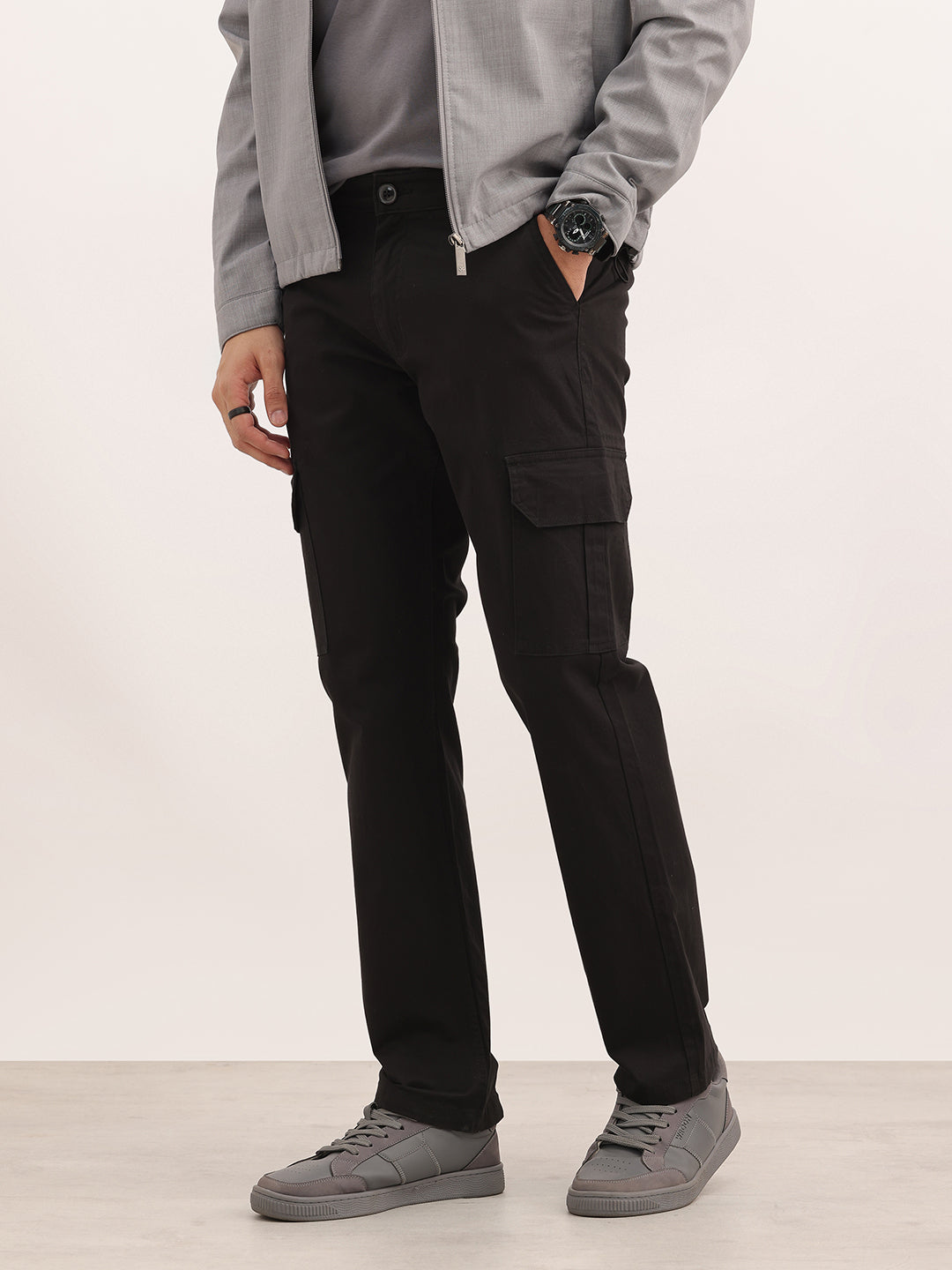 Solid Straight Fit Cargo Trousers | Black