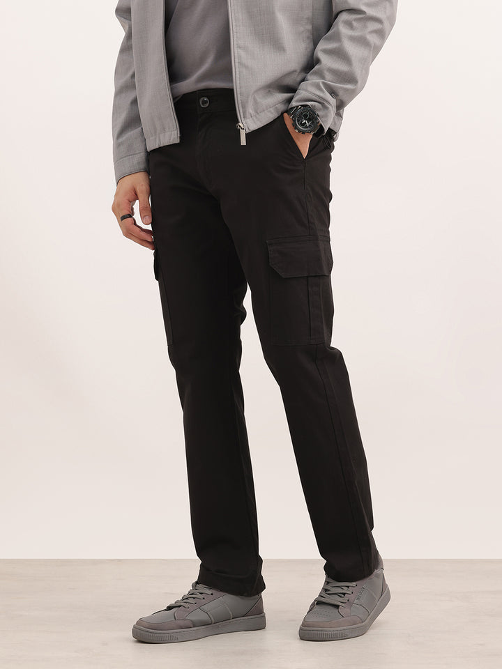 Solid Straight Fit Cargo Trousers | Black