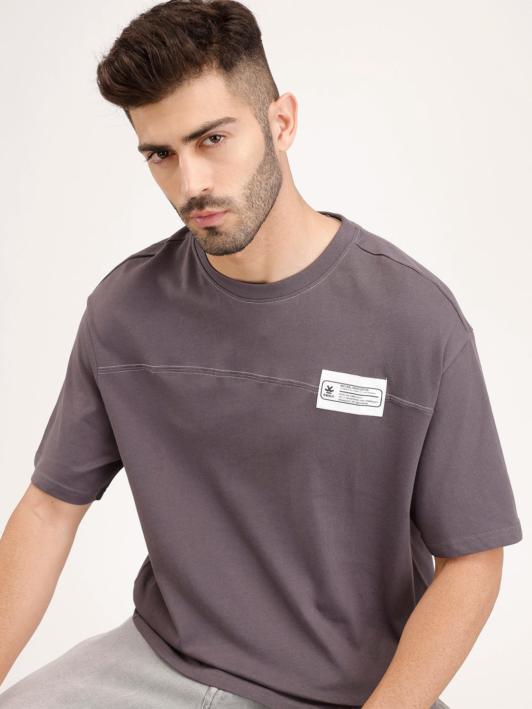 Oversized Cut & Sew Patch Tshirt | Dark Grey