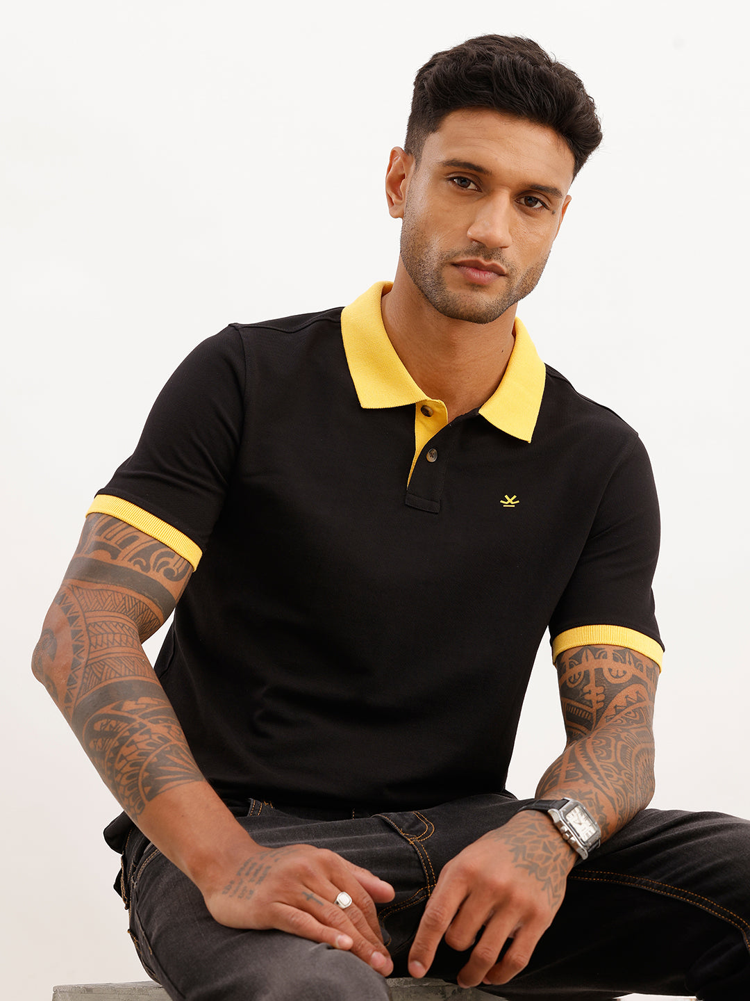 Slim Fit Contrast Collar Polo T-Shirt | Black