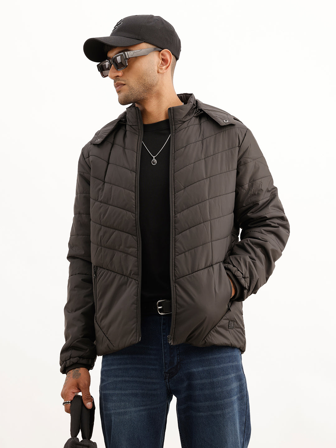 Solid Regular Fit Hooded Puffer Jacket | Black