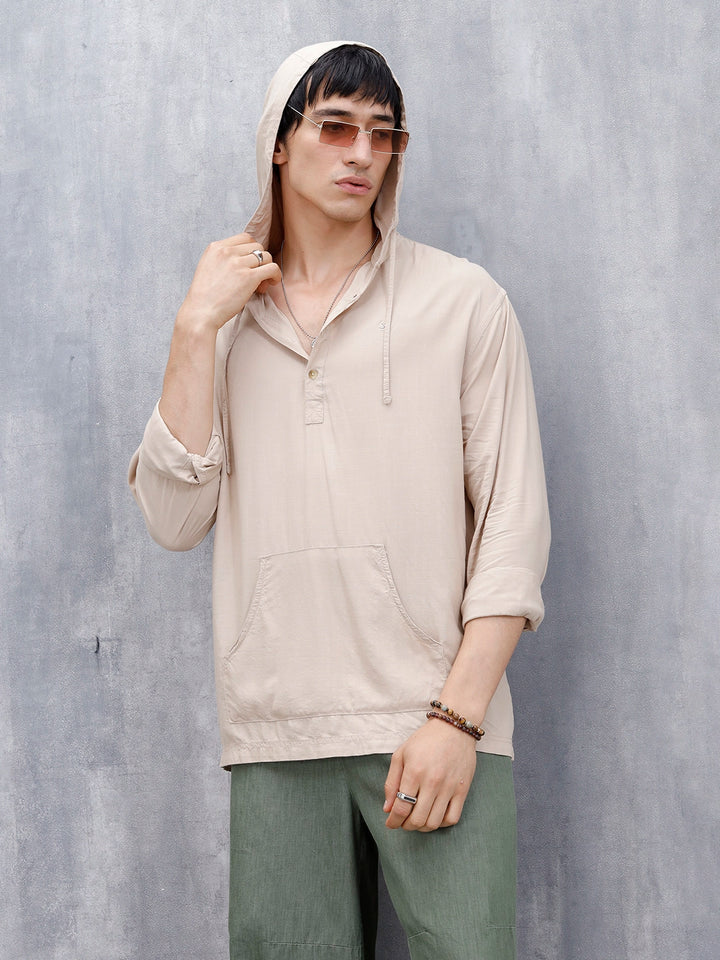 Wrogn Men's Casual Hooded Henley Pullover For Men's | Khaki