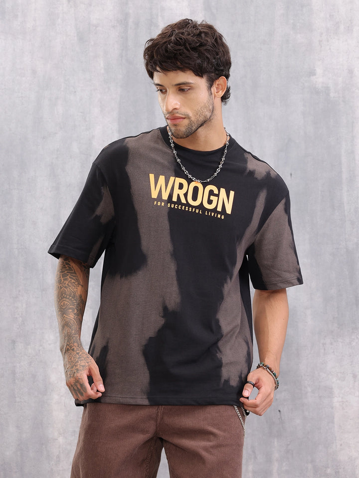 Black & Brown Tie-Dye Graphic T-Shirt With Bold Wrogn Print | Black